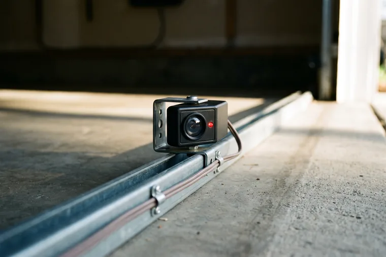 A garage door safety sensor sitting square in a straight bracket with a clean lens and a steady lit indicator