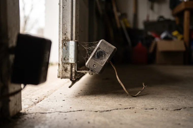 A garage door safety sensor knocked askew in a bent bracket, its lens dusty and covered by a cobweb, indicator light dark