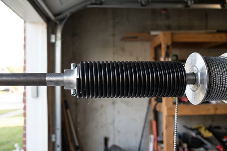 A new garage door torsion spring installed on the shaft, with the cable neatly wound on the drum