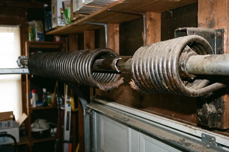 A garage door torsion spring that has snapped, with a visible gap between the two halves of the coil