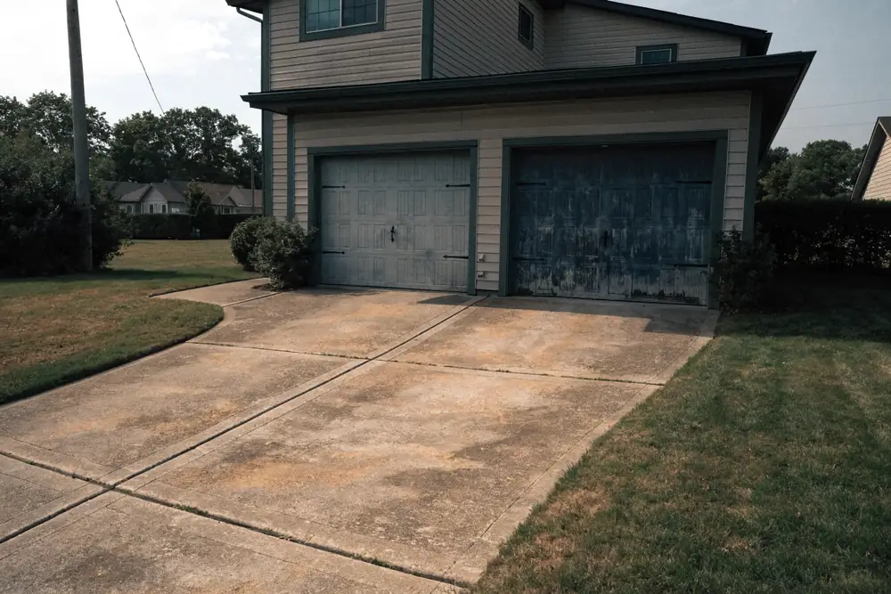 A standard attached two-car suburban garage, the most common stock in Secaucus